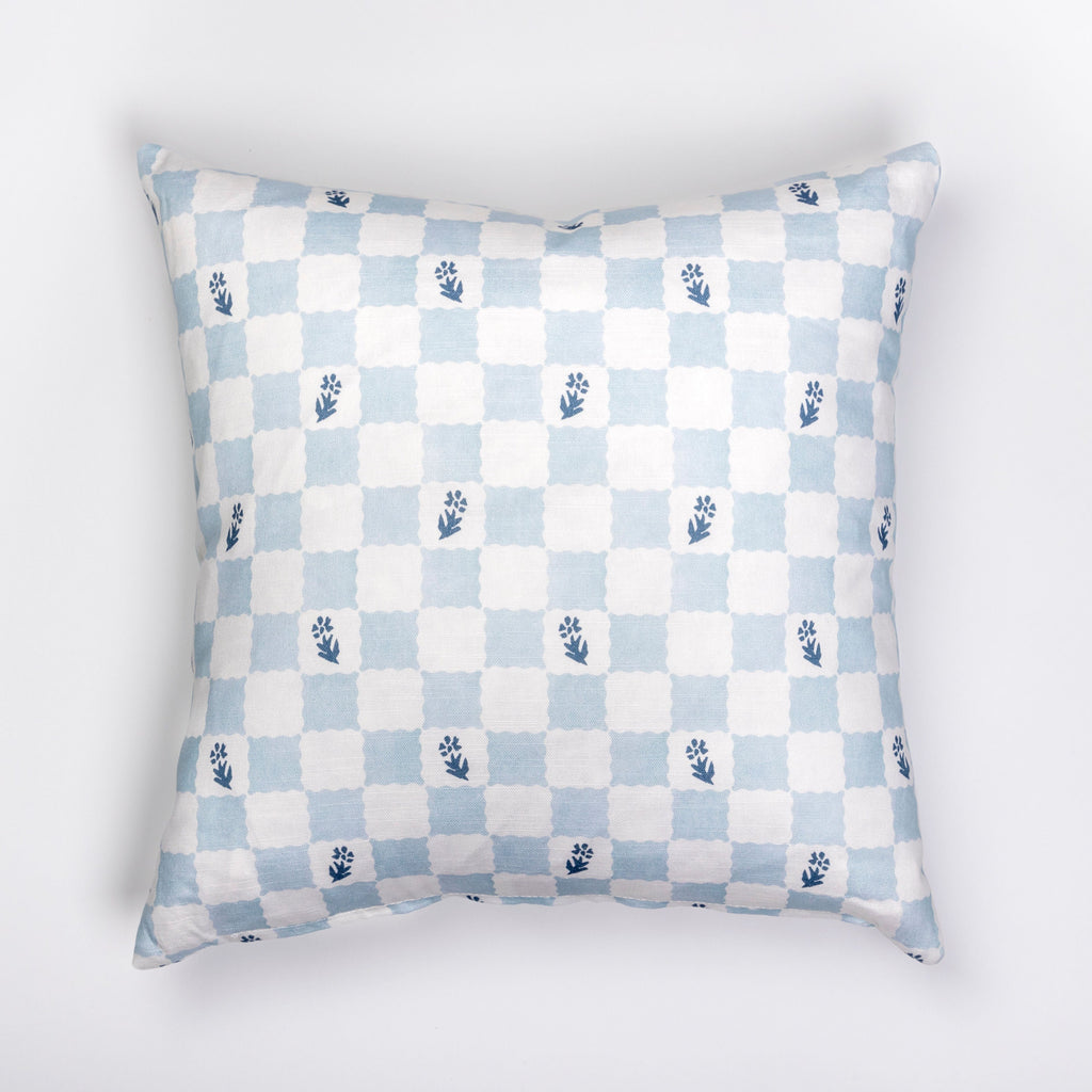20x20" Pillow in Check Fleur, Soft Blue